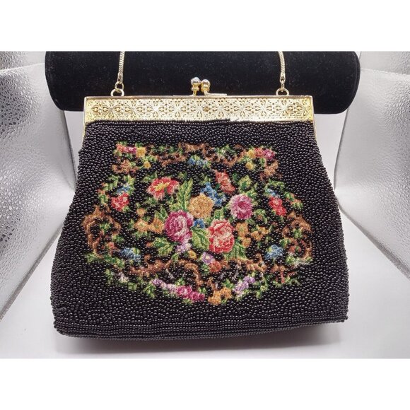 Vtg Early 1900's Style FLORAL Petit Point Needlepoint Embroidered Beaded Purse - Picture 1 of 11